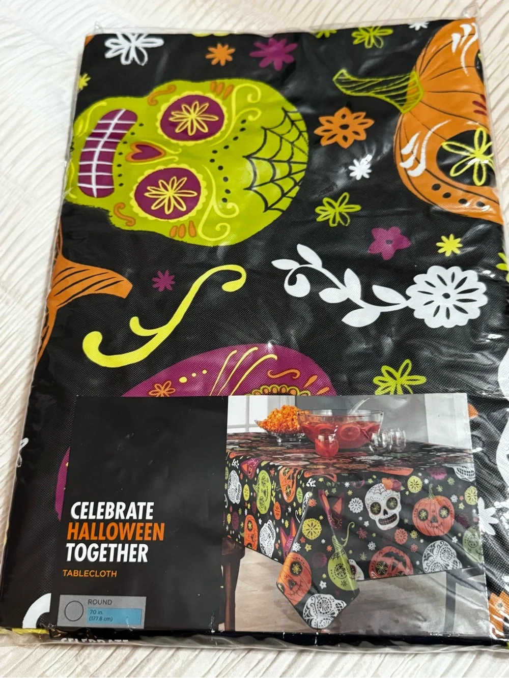 Celebrate Halloween Together Black Sugar Skull & Pumpkin Round Tablecloth